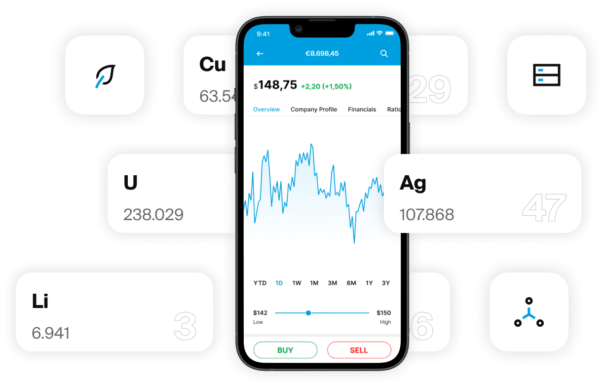 Smartphone que muestra el gráfico de acciones de la app EXDEGIRO con símbolos de materias primas como Ag, Cu, Li y U.